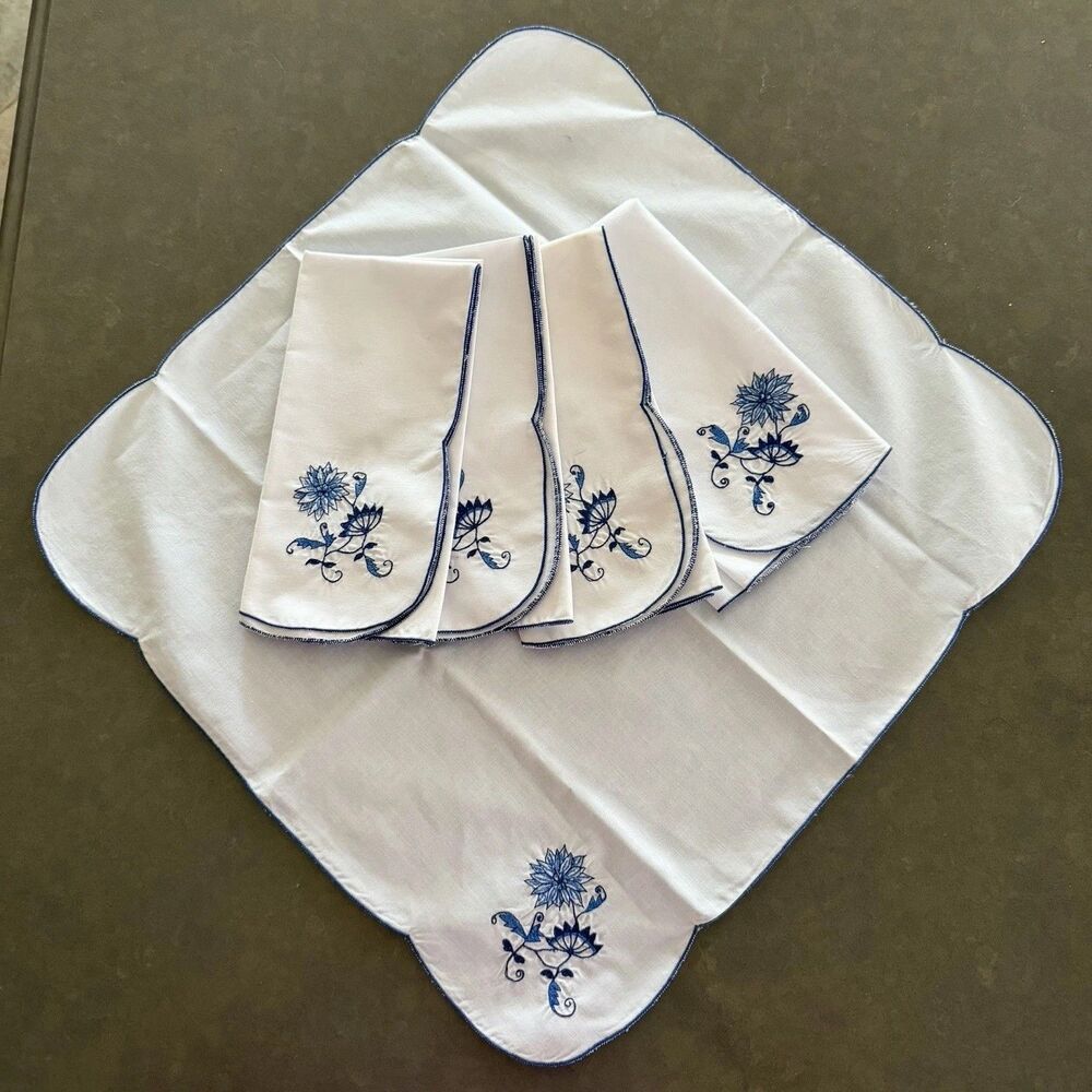 Five (5) B.M. Jabara And Sons Blue Floral Blue White Emboidered Floral Napkins